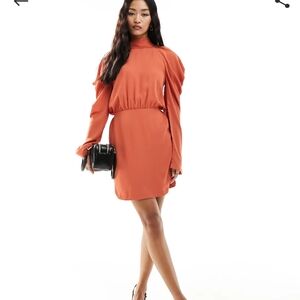 NWOT Orange Ruched Sheath Dress with Bishop Sleeves